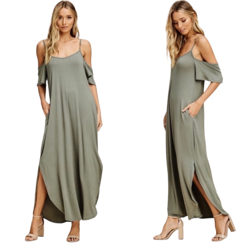 Riley 👗 Cold Shoulder Maxi Dress w/pockets in Light Olive